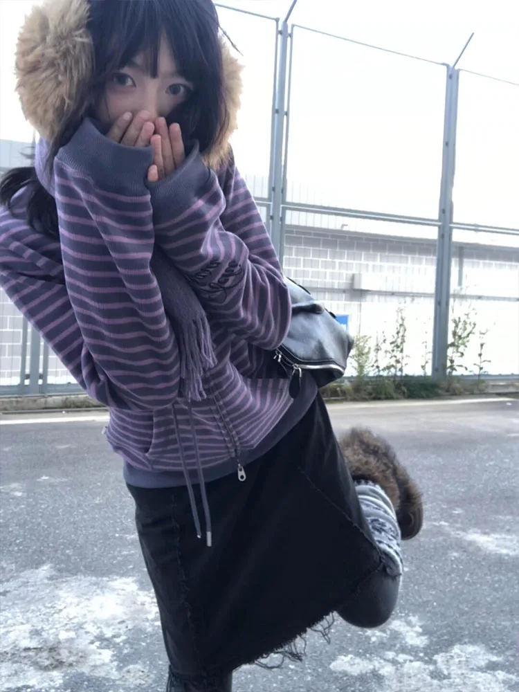 Retro y2k roxo listrado zíper hoodie feminino outono inverno carta bordado tamanho pequeno casual aberto cardigan jaet