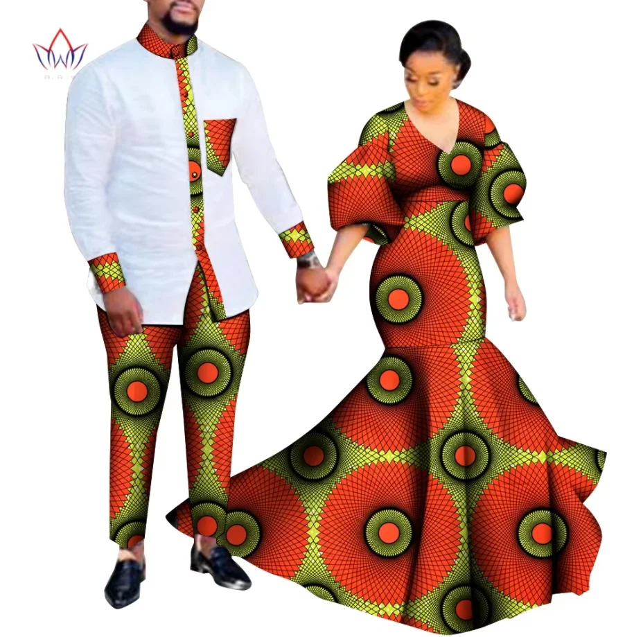 

2 Piece Set African Dashiki Print Couple Clothing for Lovers Men shirt Pants Set and Women Puff Sleeve Party Long Dress WYQ840