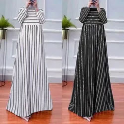 Vintage Striped Muslim Sundress Fashion Women Autumn Long Sleeve Dubai Turkey Abaya Hijab Dresses Caftan Robe Maix Dress