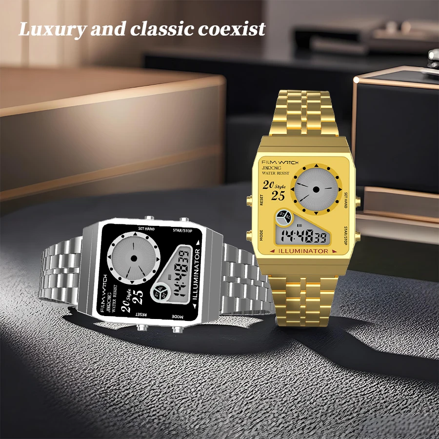 2025 ساعة رياضية عصرية للرجال ذات عرض مزدوج مقاومة للماء 30 متر حزام من الفولاذ المقاوم للصدأ كرونوغراف إنذار عرض الأسبوع والتاريخ