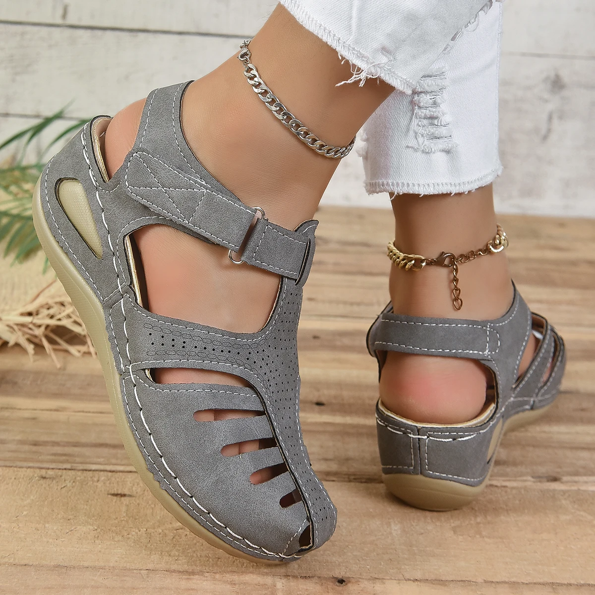 Wedge Vulcanized Shoes Women’s Summer Soft Sole Beach Sandals Premium Orthopedic Casual Hook & Loop Sandals Zapatillas De Mujer