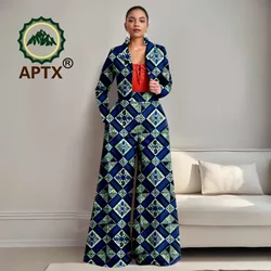 African Women's Ankara Printed Full Sleeve Top and High-waist Floor-Length Pants Two-piece Suit with Earrings Dashiki Casual Set