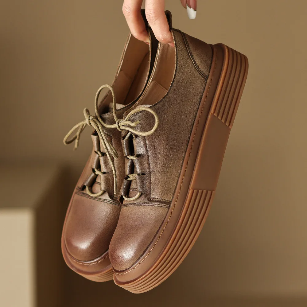 

Women's sports shoes genuine leather lace-up thick sole platform flats casual female footwear soft comfortable sneakers shoes