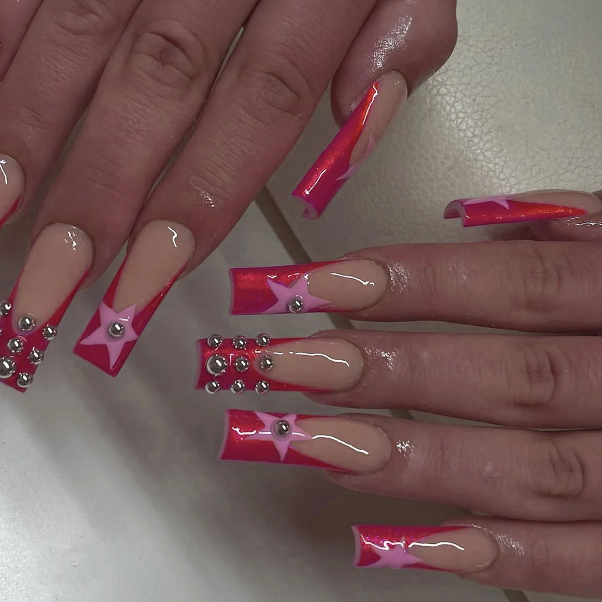 

3D fake nail accessories long tube french coffin tips with metal bead rhinestones star printing faux ongles press on false nail