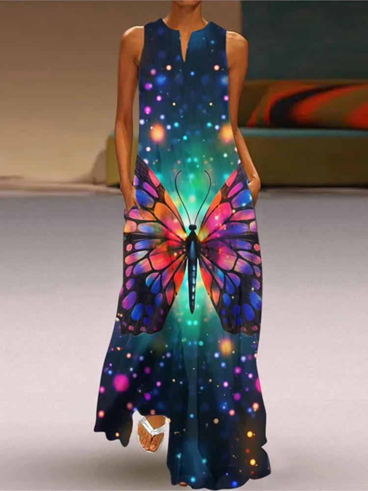 2025 Summer New Vintage Flower Printed Long Dresses Women Fashion V-neck Loose Sleeveless Dress Casual Commuting Vestidos Female — zdjęcie 5