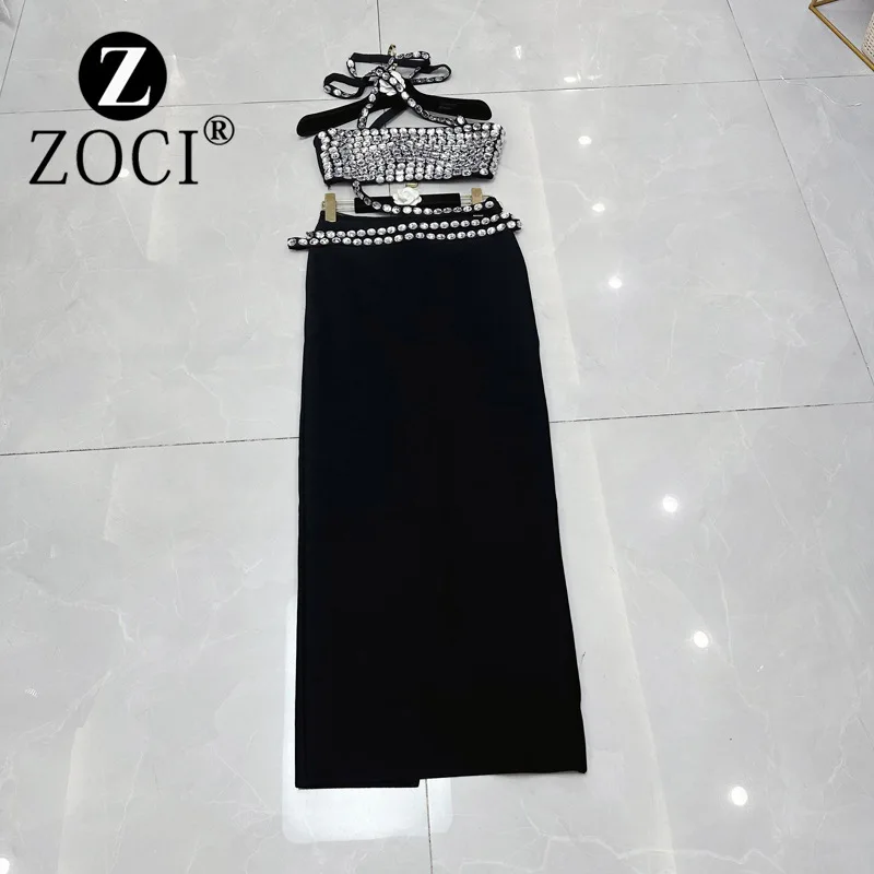 [zoci] Strapless Sloping Shoulder Chain Diamond Decoration Hollow Sexy Bandage Dress A3#8867