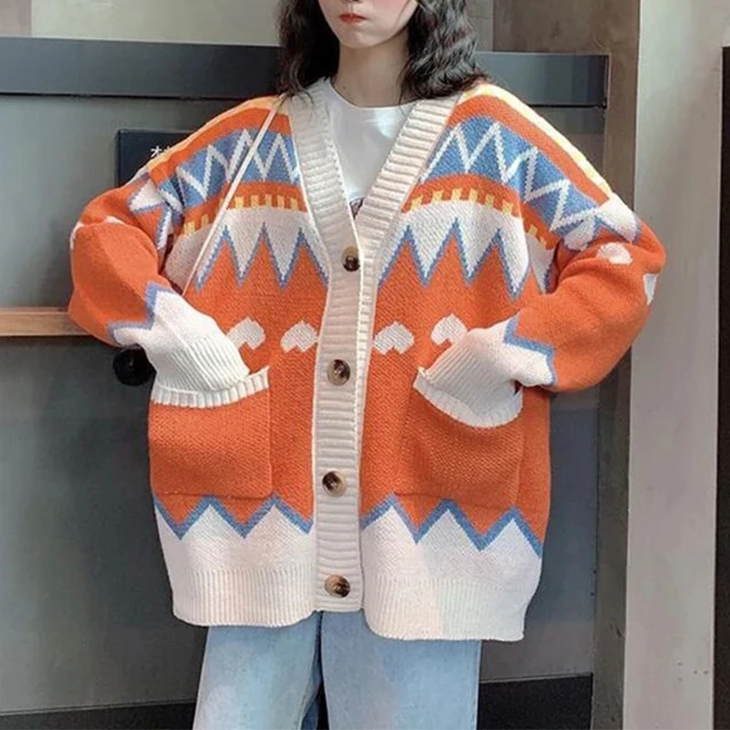 2023 Plaid Chic Cardigans V-neck Buttons Up Puff Sleeve Checkered Oversized Women's Sweaters Autumn Winter Sweater Tops