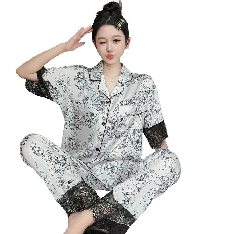 Ice Silk Pajamas for Women in Spring and Summer, New Lace Trim Sweet Flowers High-end Short Sleeved Home Clothes Fashion Pajamas