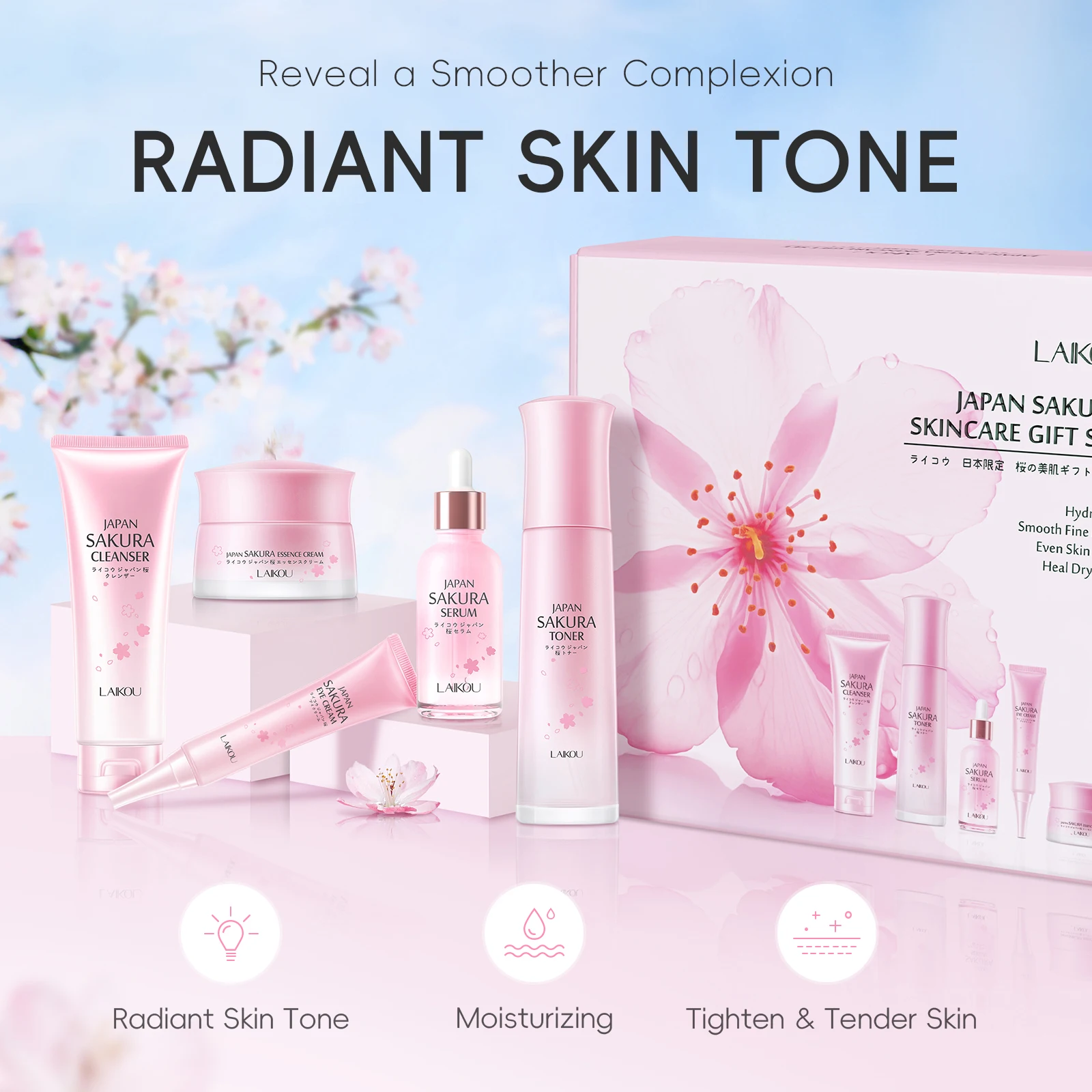 LAIKOU Japan Sakura Skincare Set 5PCS Moisturizing Anti-Aging Routine Radiance Booster Kit Cleanser Toner Serum Cream
