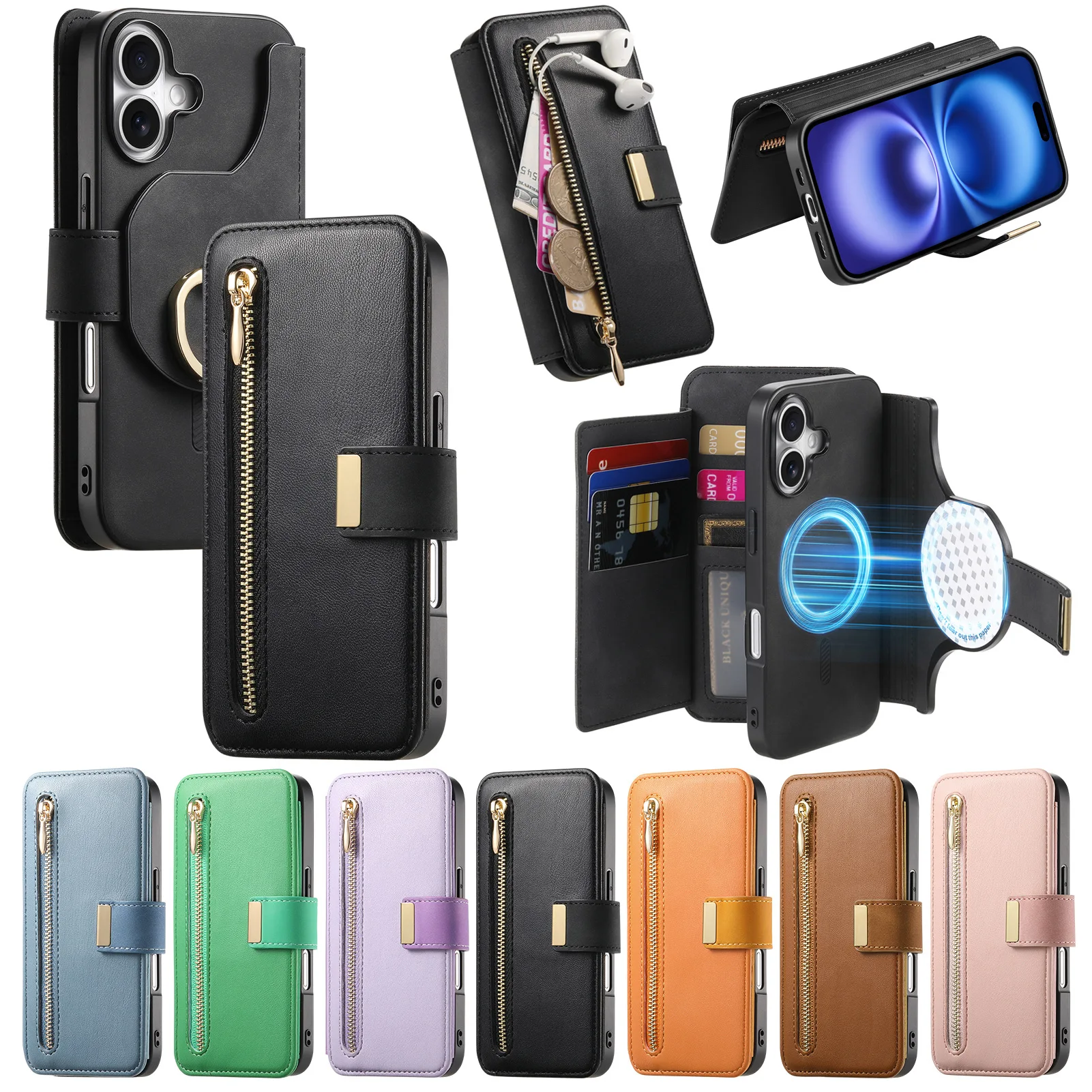 Multi 6 Cards Zipper Wallet Case For Vivo Y100i Y78 Y75 Y73S Y70 Y55 Y53S Y52T Y52 Y50 Y35 Y32 Y30 Removable Leather Ring Cover