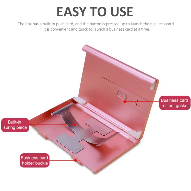 Personalizowany aluminiowy metalowy wizytownik z mechanizmem wysuwania, etui na wizytówki dla kobiet i mężczyzn.