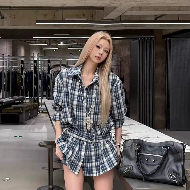 

Korejpaa Hotsweet Blue Plaid Shirts 2025 Autumn Strap Waist Camisas Streetwear Women Harajuku Long Sleeve Top Blusas Mujer