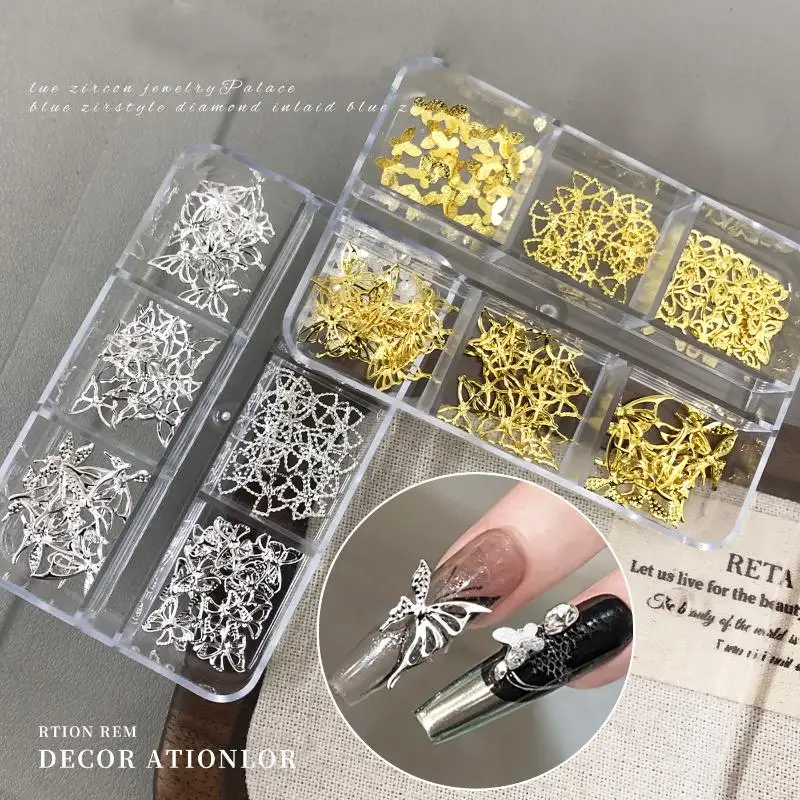6 rejillas 3D Metal estrellas Bowknot mariposa Nail Art Charms oro/plata Starlight remaches decoraciones para uñas accesorios de lentejuelas para manicura