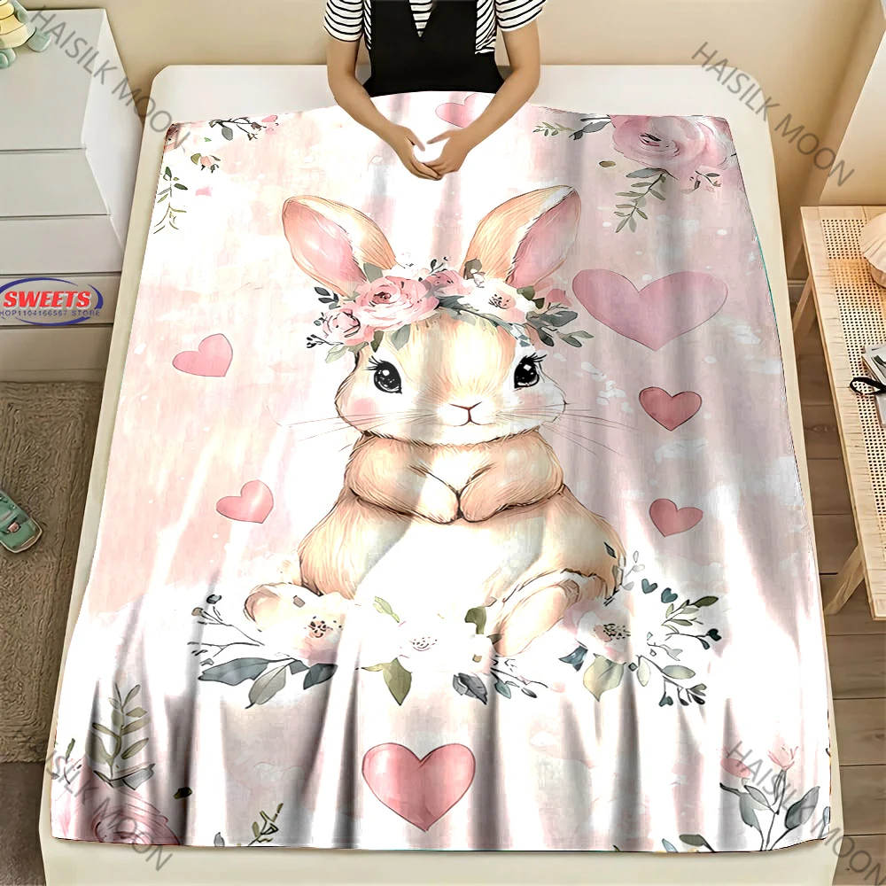 Cute Rabbit Print Flannel Throw Blanket Cozy Warm Soft Lightweight Bed Sofa Blanket for Babys and Pets, Suitable for All Seasons