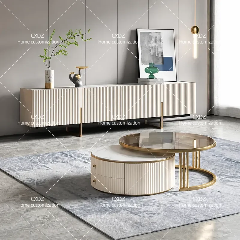 Modern Light Luxury TV Cabinet and Coffee Table Set Living Room Simple Nordic Style Rock Slab Floor Storage Unit for Villa