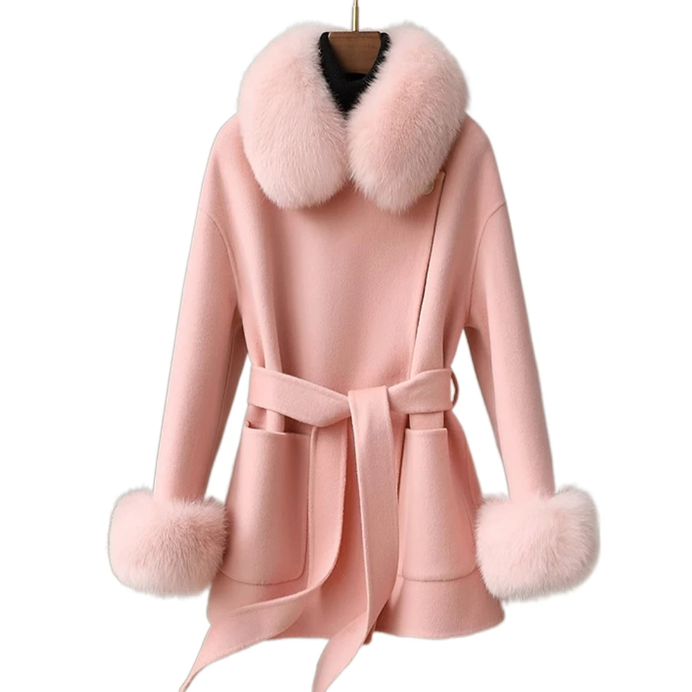 

Fox Fur Collar Reversible Cashmere Coat Women's Mid-Length Simple Socialite Style Fox Fur Double-Sided Woolen Coat