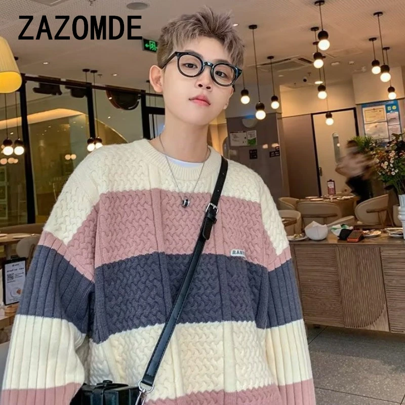 ZAZOMDE Striped Knit Sweater Men Autumn Winter New Style Japanese Vintage Trendy Brand Casual Pullover Knitted Top Clothing Men