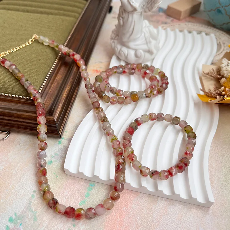 Retro Peach Color Watermelon Stone Multi-faceted Agate Necklace Bracelet Fashion Accessories for Women Jewelry