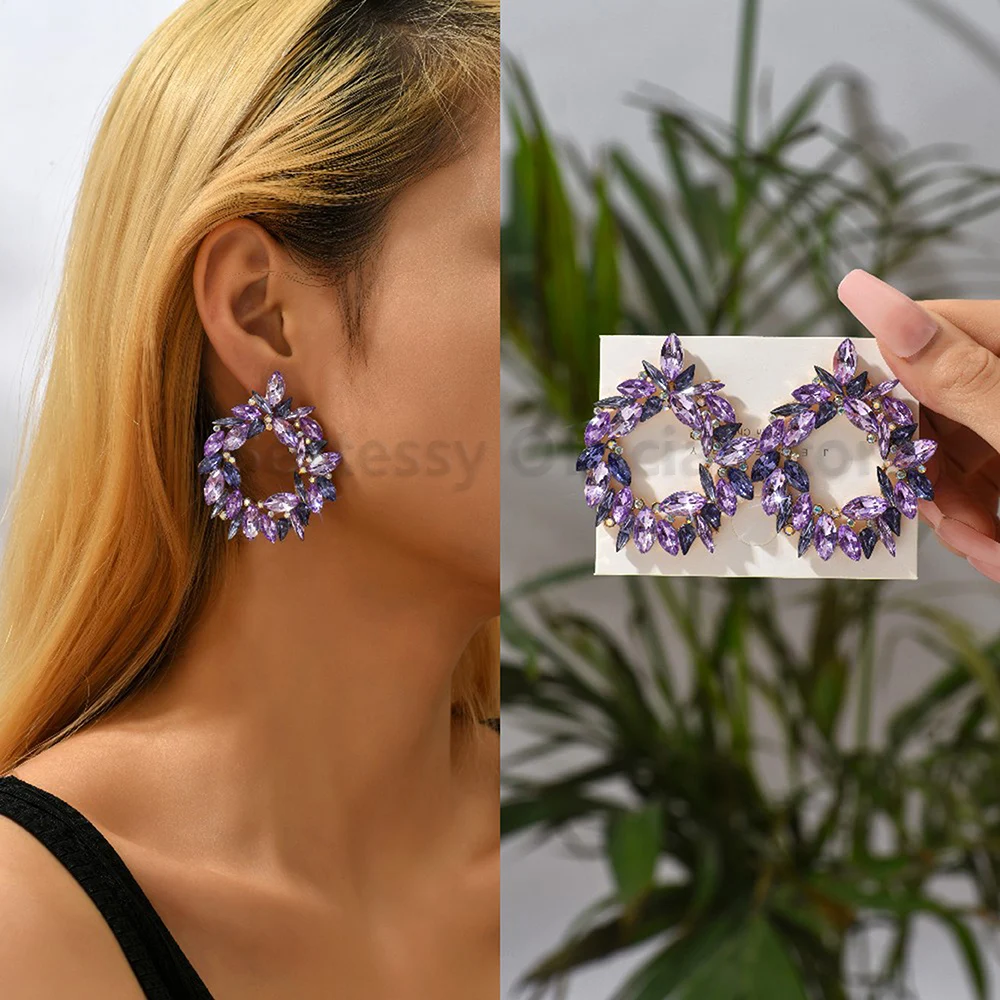 Pendientes colgantes de cristal para mujer, aretes colgantes redondos de pétalos de corazón, joyería de fiesta, Colección púrpura