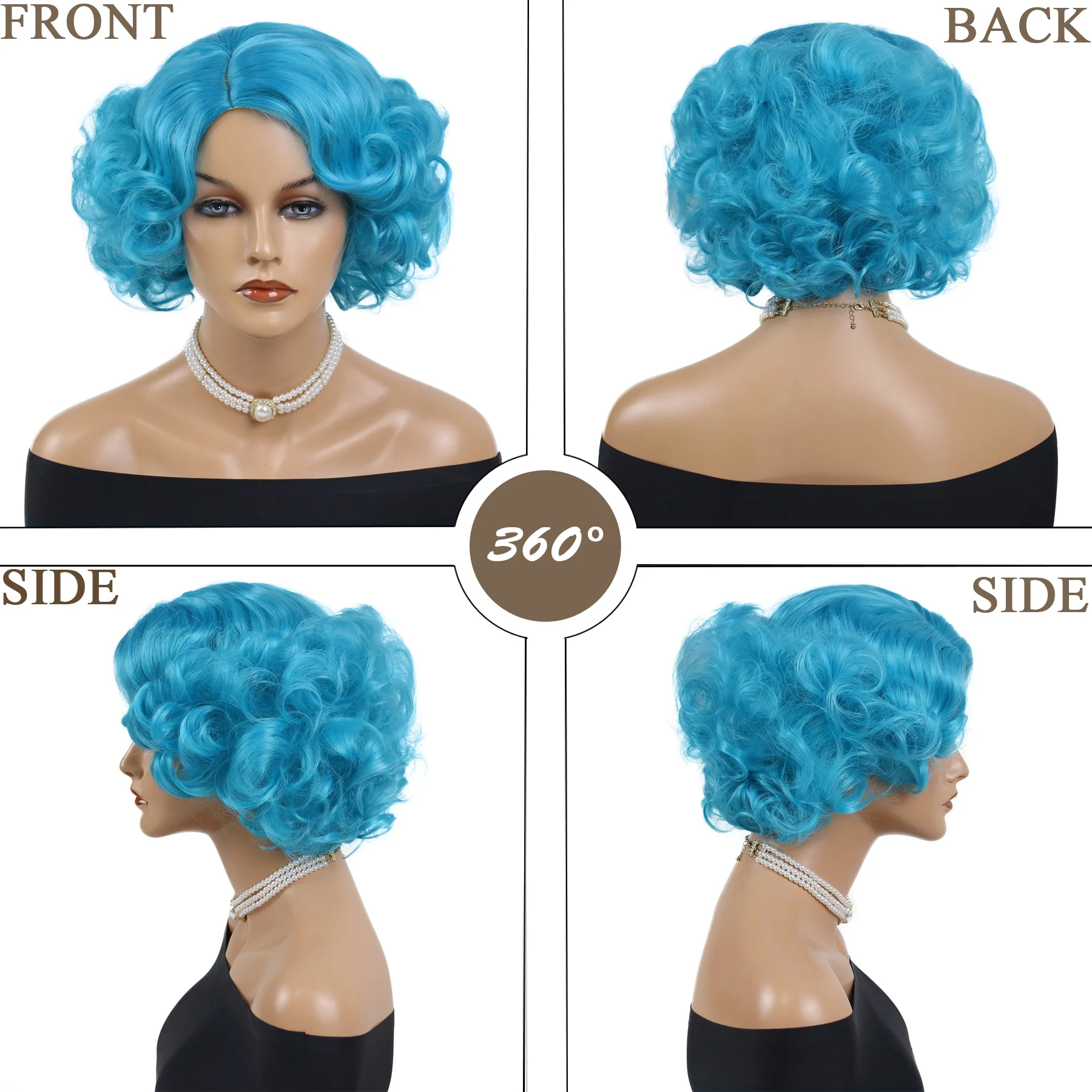 Synthetic Blue Wigs Cosplay Halloween Carnival Short Curly Wig for Women Natural Fluffy Colorful Hair Side Parting Hairstyle