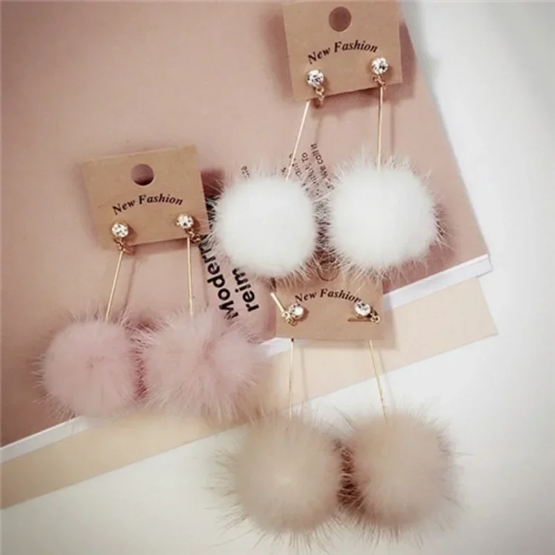 Delysia King New style Women\'s Ear Jewelry Rhinestone Long Chain Mink Fur Ball Drop Earrings