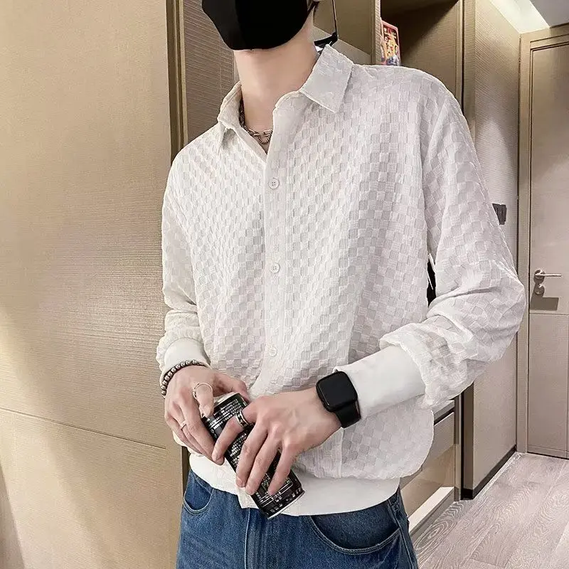 Fashionable Casual Screw Thread Solid Loose Shirts Button Temperament Turn-down Collar Men's Clothing 2023 Spring Summer Tops