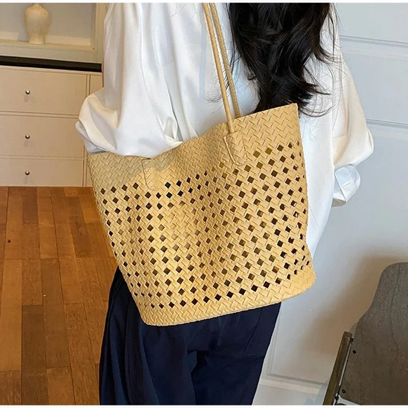 Rattan-Geflochtene Hohle Schultertasche mit Passender Geldbörse, Sommer-Shopper für Markt, Strand und Pendeln, Leichte Handtasche mit Offener Webung – Detail 12