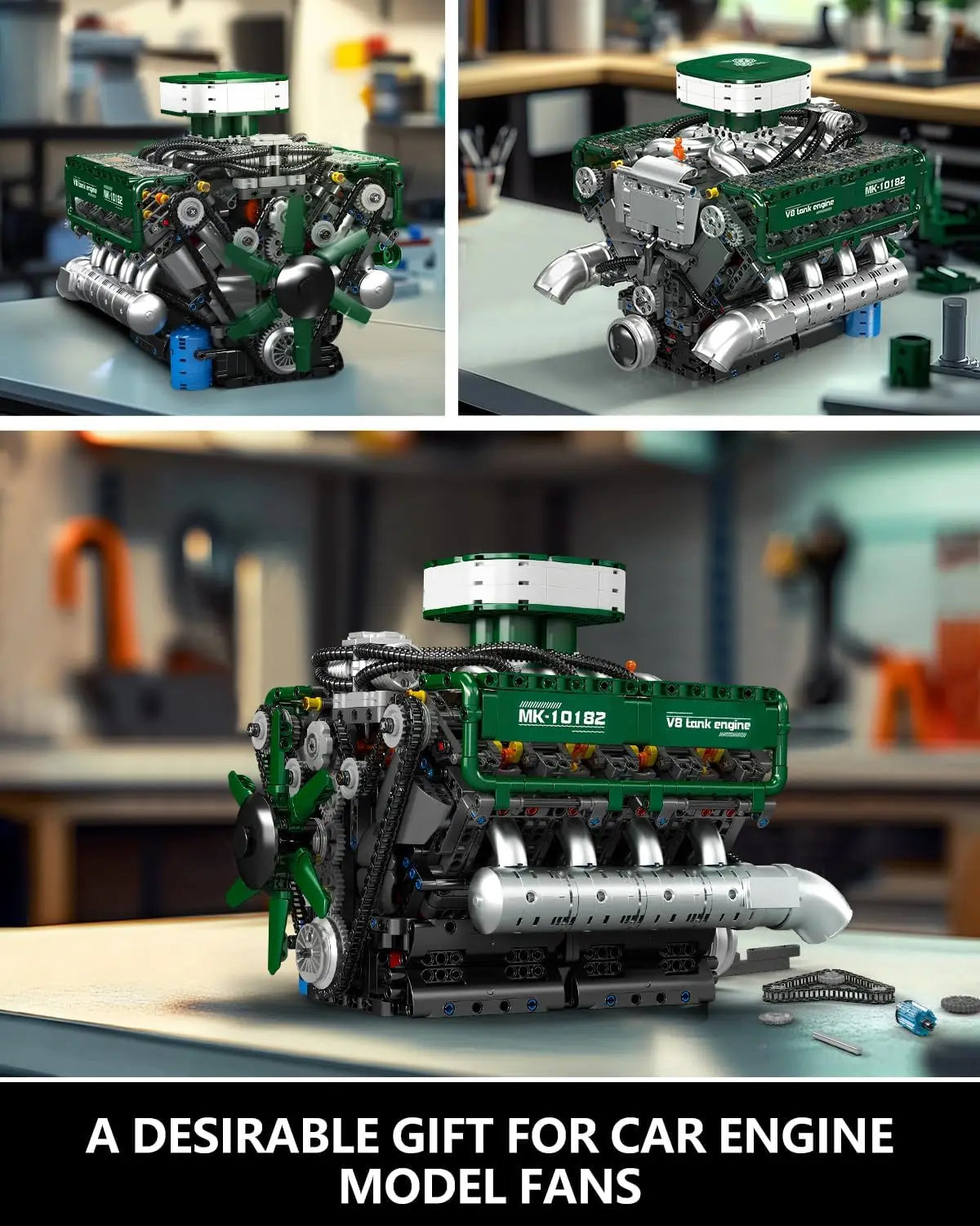 10182 V8 Engine Building Blocks Sets, MOC V8 Tank Engine Model Kit with Battery and Motor, Collectable 8-Cylinder Combustion Car
