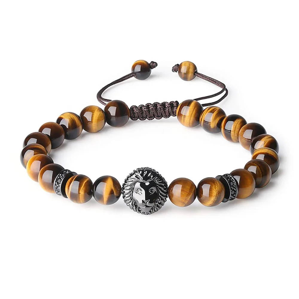 2024 New Natural Stone Bracelet Vintage Lion Head Bracelet Handmade 8MM Natural Tiger Eyes Beaded Bracelet Men\'s Jewelry Gift