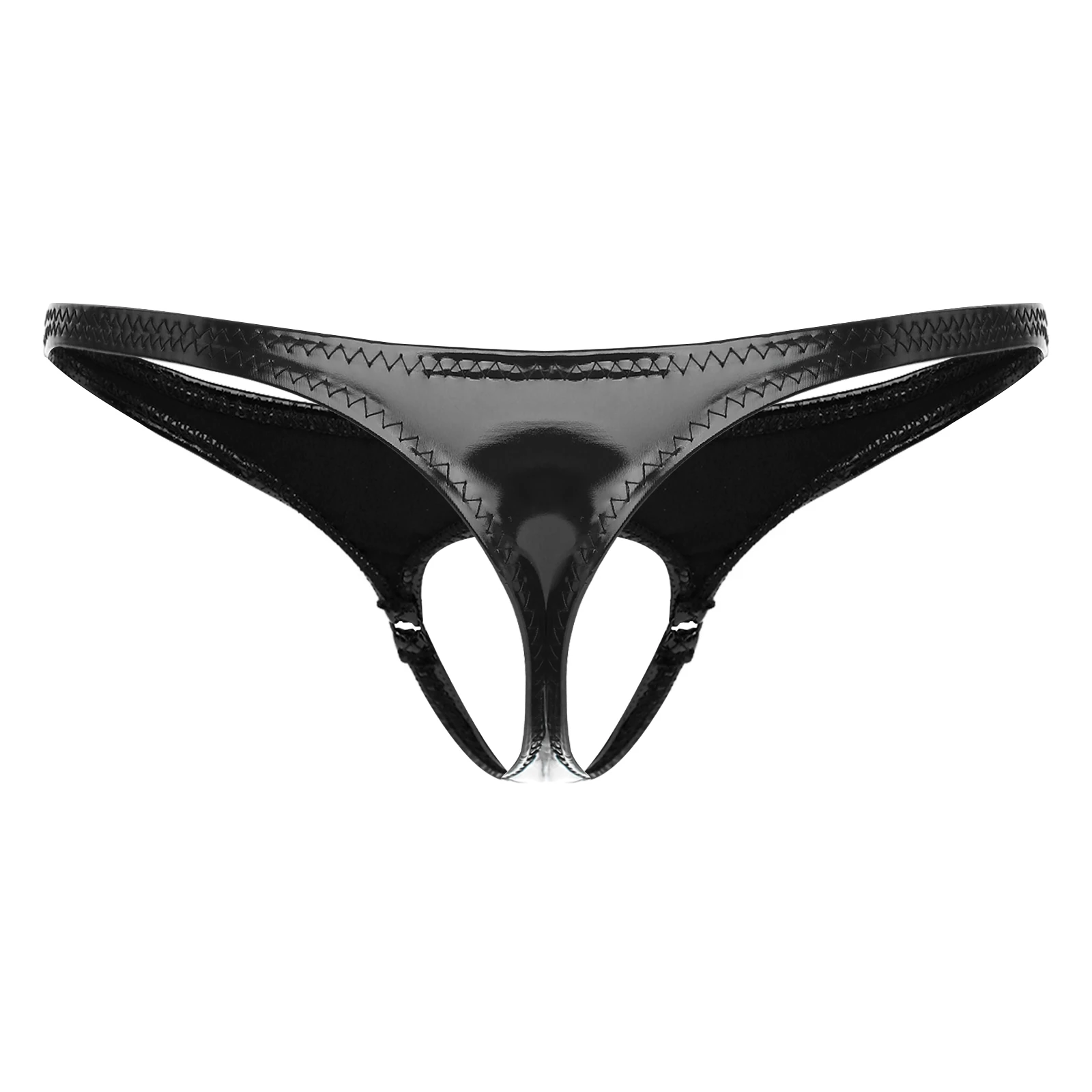 Mens G-String Open Crotch Underwear Hollow Out Front Thong Wet Look Patent Leather Briefs Panties Low Rise T-back Underpants