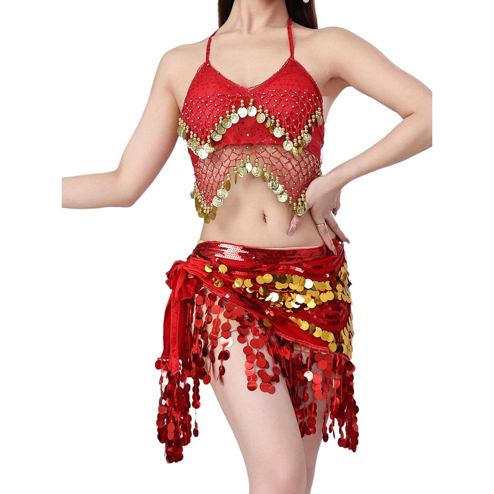 

Womens Belly Dance Costume Glittery Sequin Tassel Halter Lace-up Crop Top And Hip Scarf Waist Skirt Set for Stage Dance Class