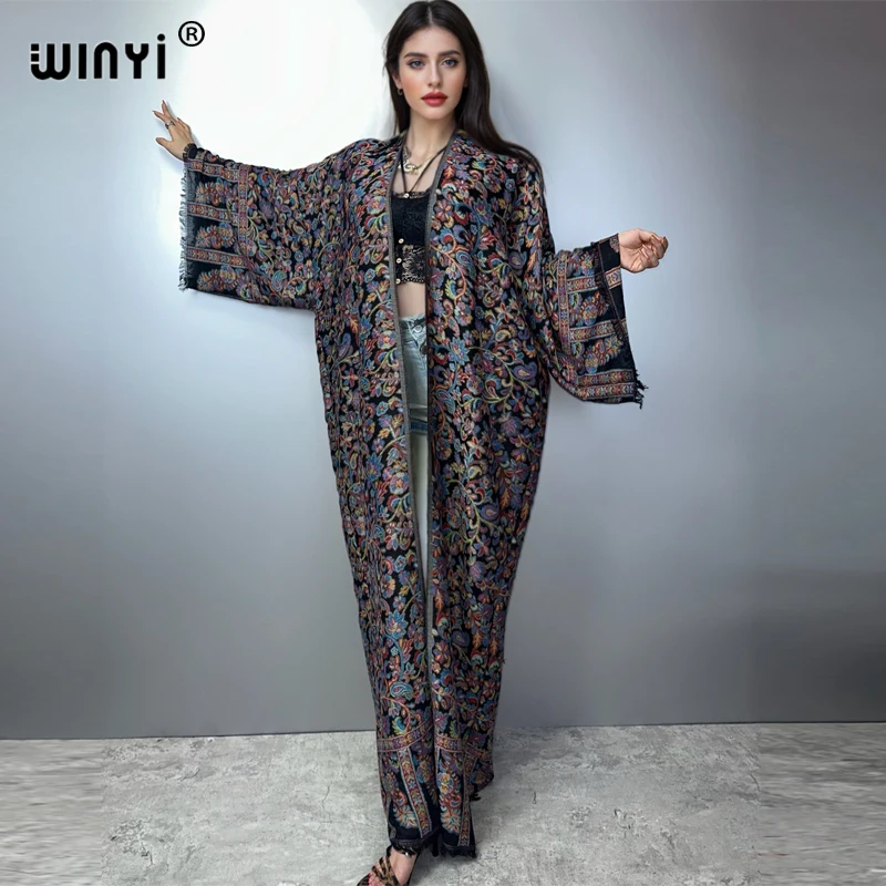 WINYI Winter Women Tassel Pashmina Embroidery Long Coat Loose Lapel Robe Femme Thick Warm 2022 Fashion Middle East Female KIMONO
