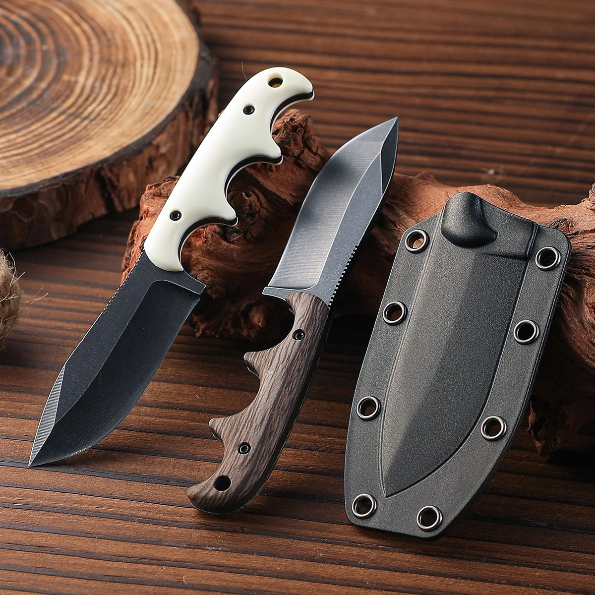 Nuevo cuchillo recto pequeño para exteriores, hoja con acabado stone washed, cuchillo de supervivencia EDC para camping, mango blanco/con textura de madera + funda K.