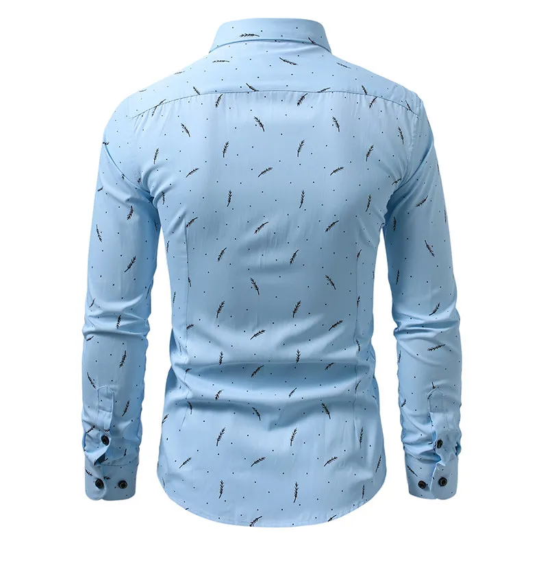 Lightweight  Men's Blue Long-sleeve Shirt with Feather-print Design; Slim-fit Top Shirts, Available in Red or Black.