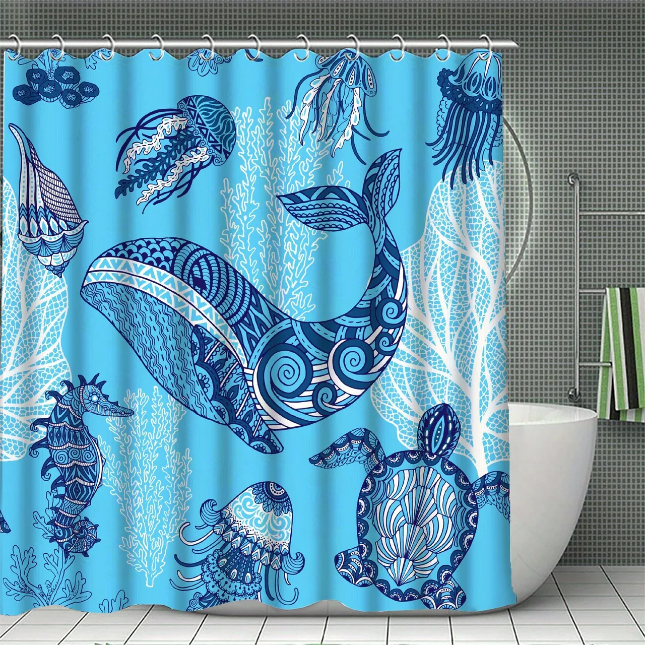 

3d Digital Printing Blue Pattern Flower Shower Curtain Waterproof Polyester Landscape Curtains Bathroom Shower Curtain Rug Sets