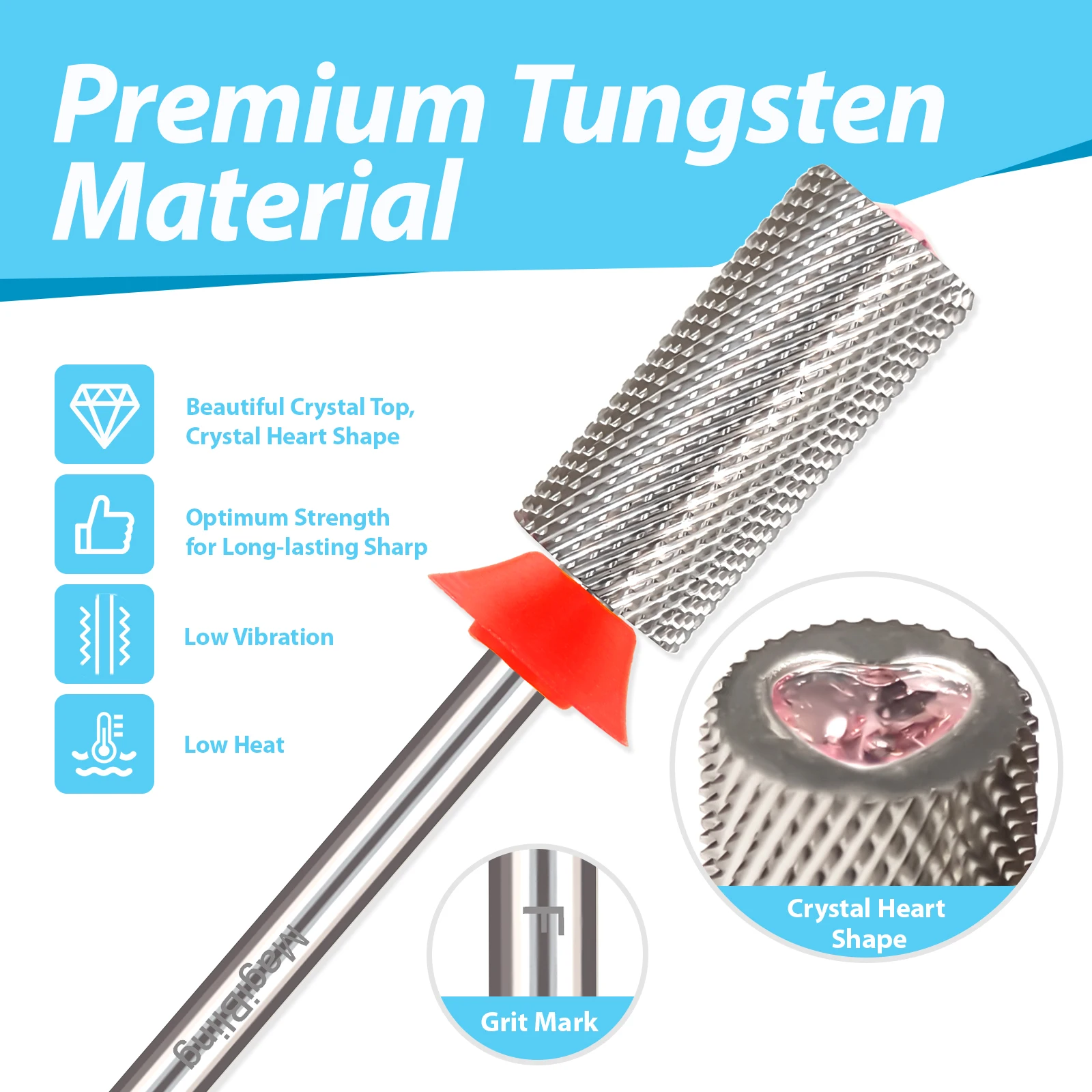 MagiBling Heart Shape Diamond Top Large Barrel Carbide Nail Drill Bit Cutter Left Right Hand Use Gel Polishing Remover 3/32"