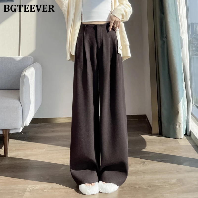 BGTEEVER elegante cintura alta hasta el suelo cálido suelto mujer traje de lana pantalones invierno espesar terciopelo señoras pantalones de pierna ancha