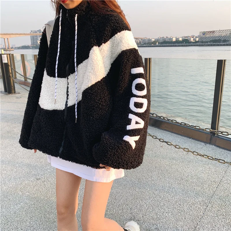 Women Winter Designer Letter Coat Oversizes Girlfriend Style Warm Thick Faux Fur Teddy Hoodies Loose Shaggy Jackets Outerwear