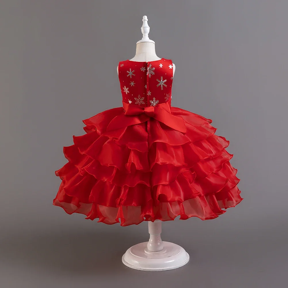 Red girl fluffy mesh sequin cake dress sleeveless Kids party dress  for 2 to 10 years child holiday clothing