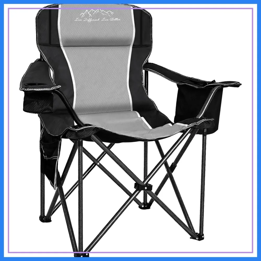 

Heavy Duty Camping Chair with Cup Holder, Storage Pocket & Cooler Bag, Supports 500 LBS, Black