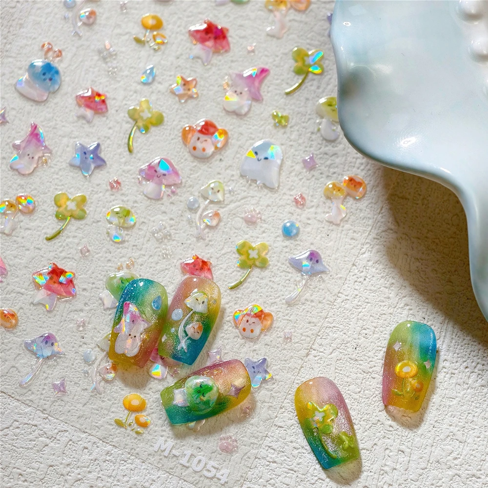 

Colored Shiny Lovely Cartoon Mushrooms Lucky Four Leaf Clovers Polarized 3D Self Adhesive Nail Art Stickers Cute Manicure Decals
