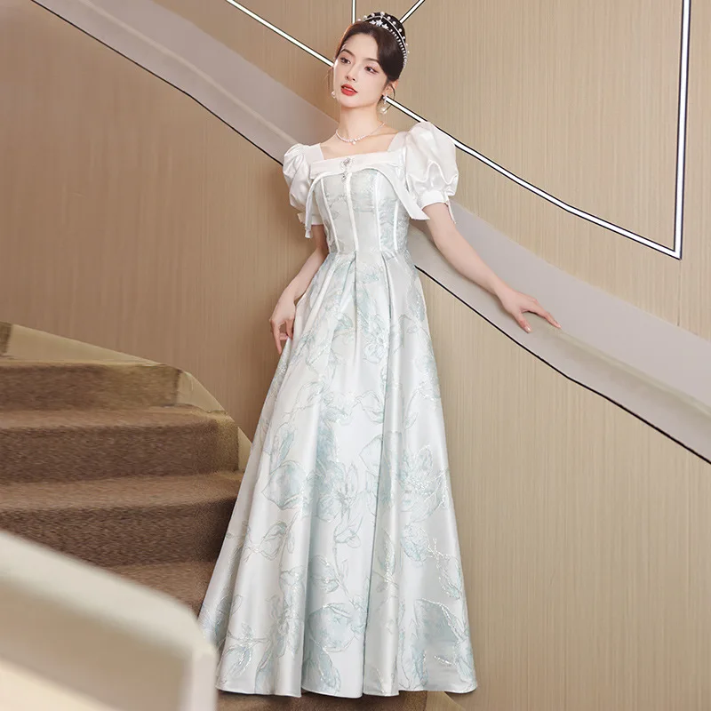 

Gorgeous Puff Sleeve Prom Dress Square Collar Slim Fit Lace Up Formal Evening Dress Women Princess Party Gowns