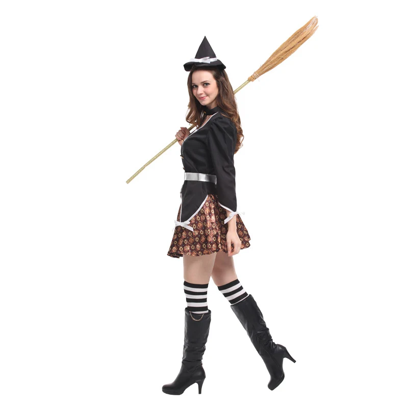 Halloween Witch Vampire Clothing with Hat Costumes for Women Adult Scary Carnival Party Dress Up Performance Drama Bring A Broom