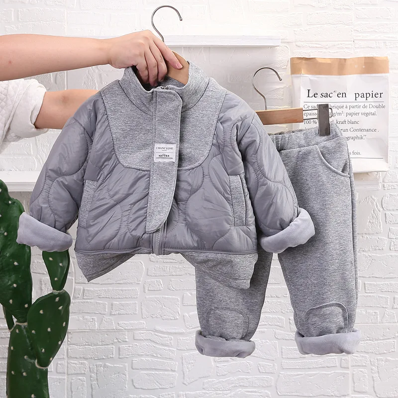 

Fall Winter Baby Boy Cotton Outfit 2023 New Fashion Fleece Thick Children Clothes Pullover Quilted Coat+Plush Pants Toddler 2PCS