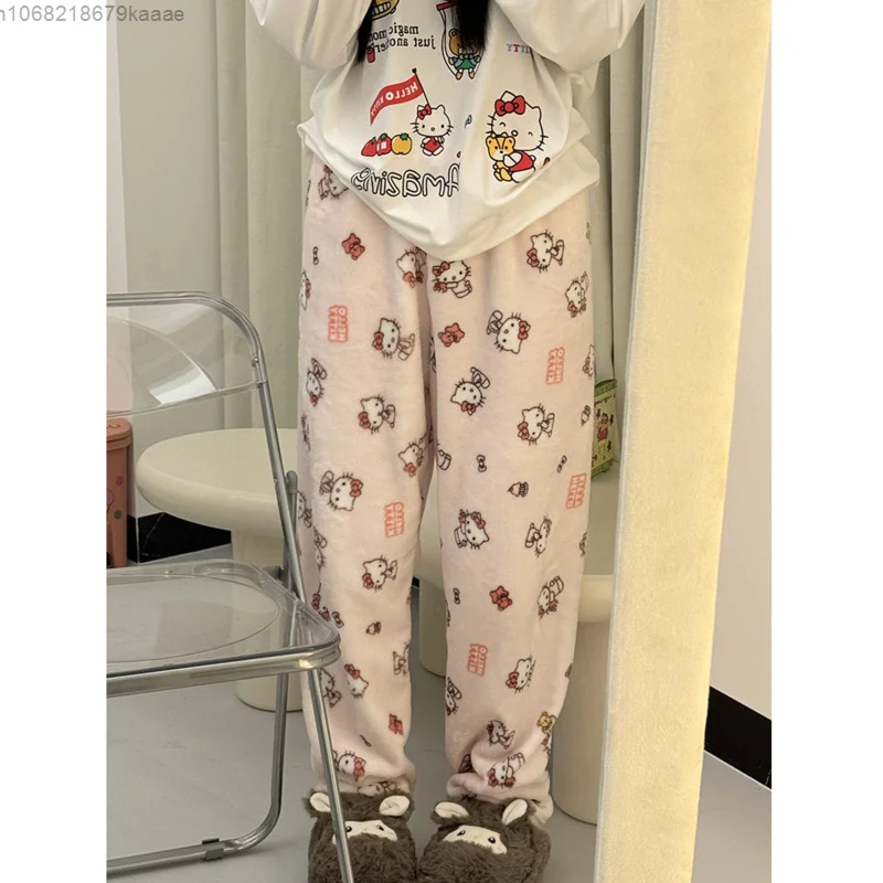 Sanrio Hello Kitty Women\'s Winter Flannel Sleep Pants New Thick Warm Casual Home Pants Sweet Girl Cartoon Fashion Pajama Pants