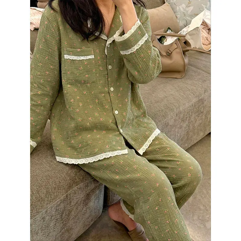 

French Retro Green Floral Pajamas Set Lace Trim Cotton Gauze Sleepwear Women Elegant Long Sleeve Pjs Retro Homewear Summer 2026