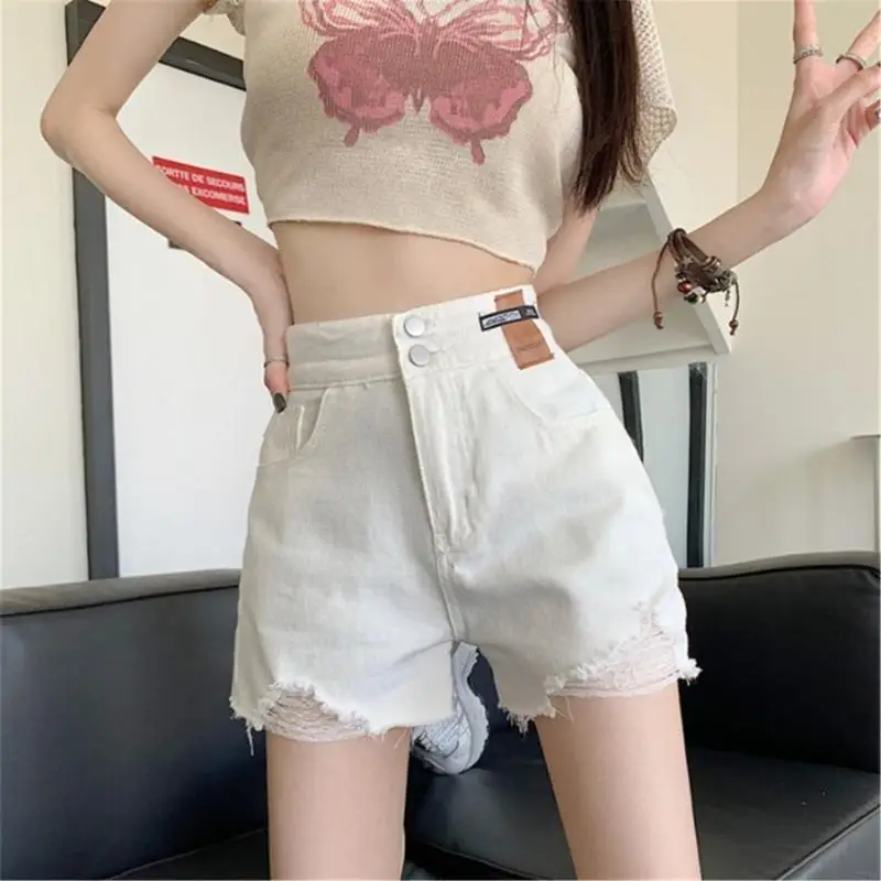 

77HE Women Casual High Waist Summer Shorts Frayed Hem Slimming Wide Leg Button Shorts