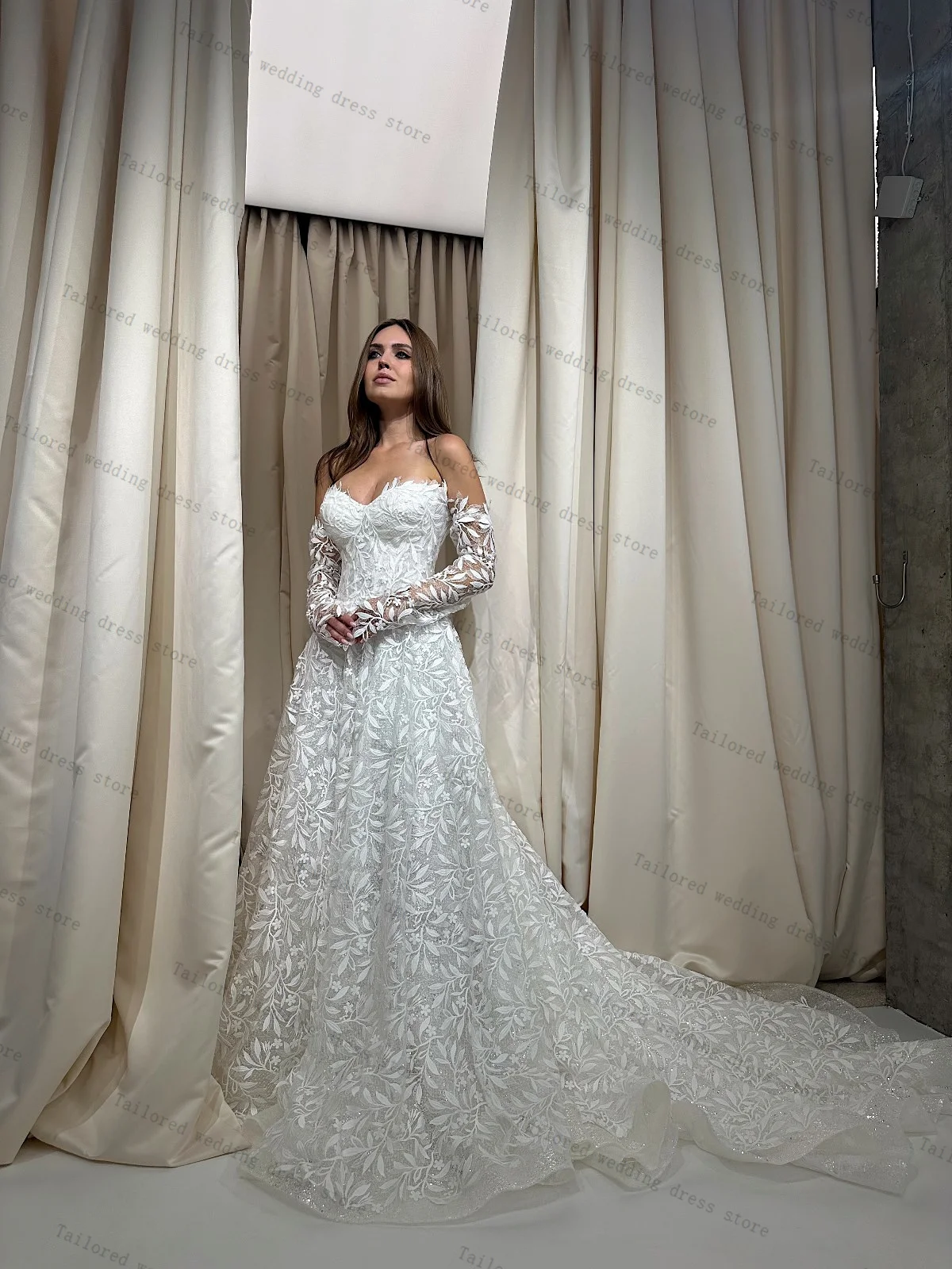 

Elegant Women Wedding Dresses Appliqued Sexy Off Shoulder Full Sleeves Bridal Evening Gown Customized Lace Up Back Boho Robe