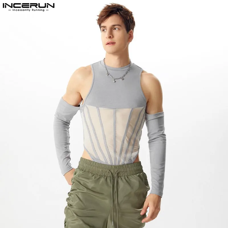 Incerun masculino casual sem mangas bodysuits 2024 malha emenda triângulo onesies bonito desconstrução malha confortável homewear