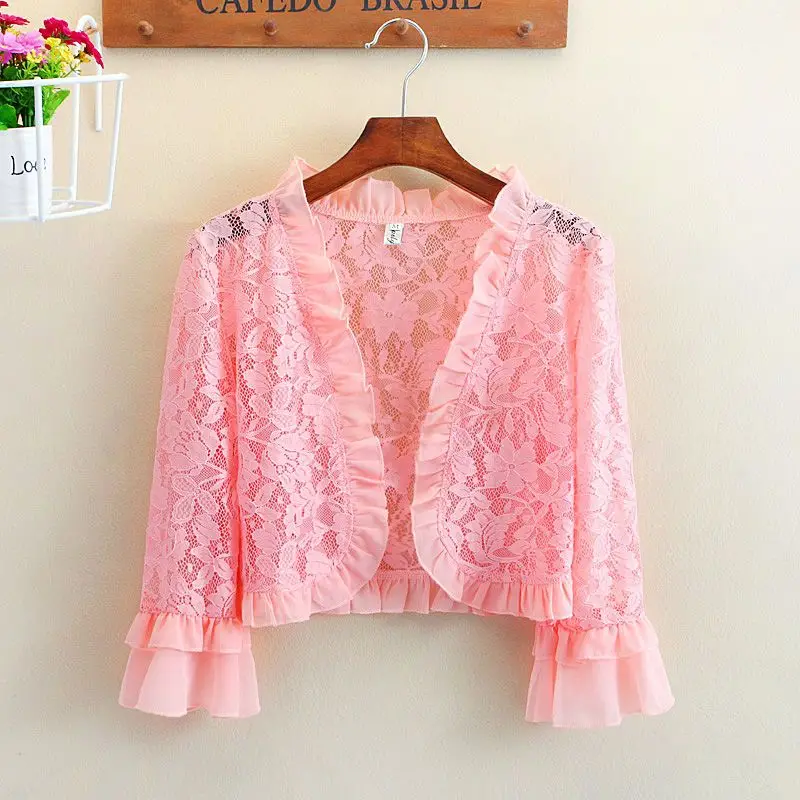 2024 Summer Women\'s T-Shirt Thin Womens Cardigan Lace Hollow Lotus Leaf Sleeves Korean Fashion Casual Sun Protection Top Women